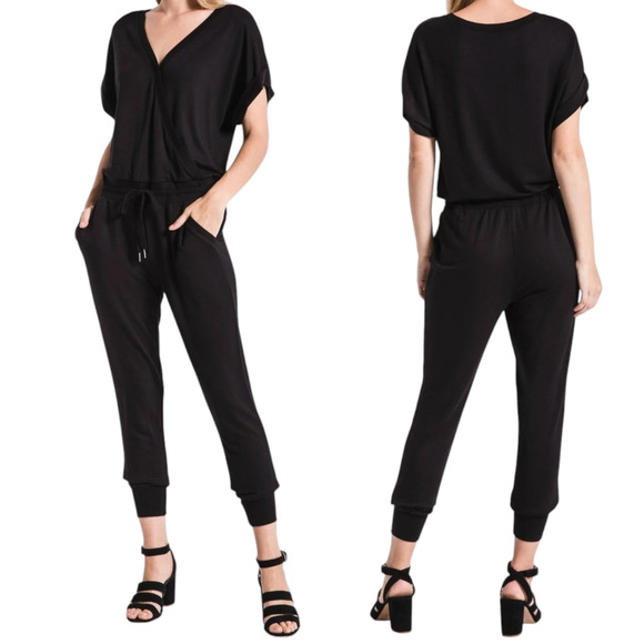 Z Supply Pants - Z Supply The Wrap Front Jumpsuit S Women Black Jogger Jersey Knit Stretch Vneck